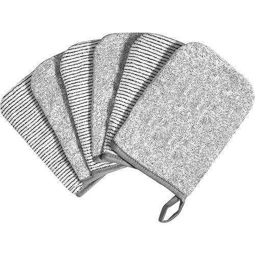 PHOGARY 6 Grey Bath Mitts Washcloths, Small Hand Towels with Hanging Loop, 5"x8" Super Absorbent Soft Coral Fleece Face Towels Kids Teens Adult Body Facial Cloths Machine Washable Cloth for Showering