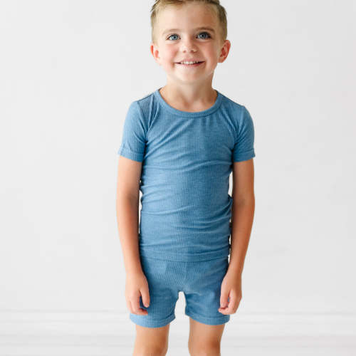 Heather Blue Ribbed Two-Piece Short Sleeve & Shorts Pajama Set - Little Sleepies