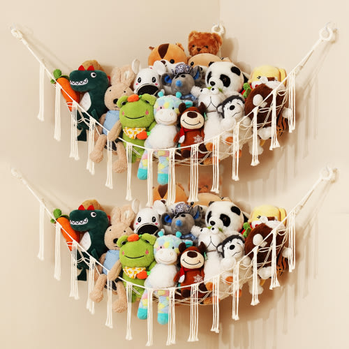 iKeelo 2 Pack Stuffed Animal Hammocks, Corner Plush Toy Storage Net, Hanging Stuff Animal Organizer Holder Ideas for Plushie Display, Beige