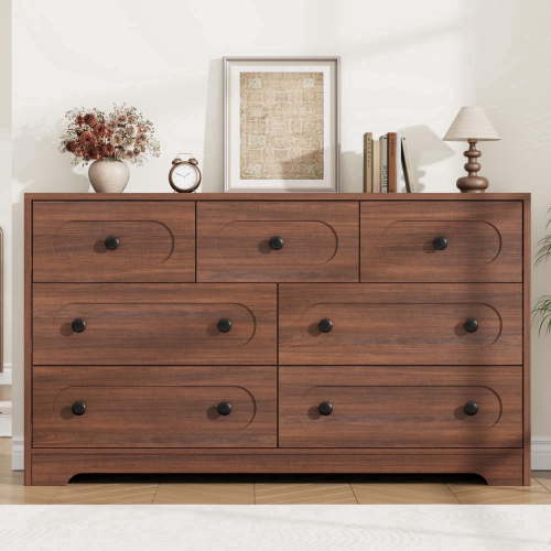 Mid-Century Modern Wood Dresser, 7 or 8-Drawer Bedroom Furniture Storage Chest, 55" Spacious Multi-Room Console with Metal Knobs