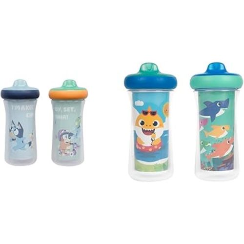 The First Years Bluey and Baby Shark Insulated Sippy Cups - Dishwasher Safe Spill Proof Toddler Cups - Ages 12 Months and Up - 9 Ounces - 2 Count Each
