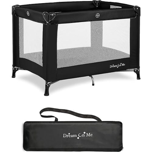 Dream On Me Nest Portable Playard in Black with Carrybag an Shoulder Strap, Lightweight, Packable and Easy Setup Baby Playard, Breathable Mesh Sides and Soft Fabric - Comes with a Removable Padded Mat