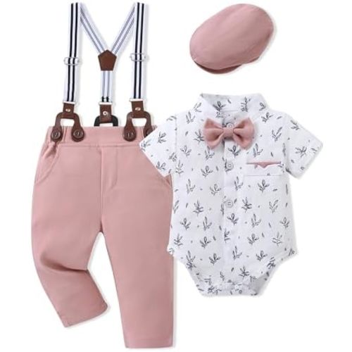 Baby Boy Clothes Suits 3-24M Infant Gentleman Outfits, Short Sleeve Shirt+Bowtie+Beret+Suspender Pants Clothing Set