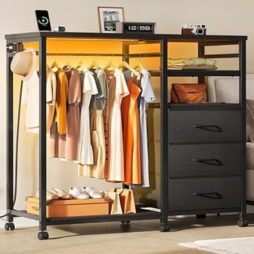 WLIVE LED Dresser for Bedroom, 3 Drawers with Hanging Rack, Black