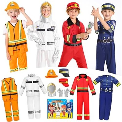 DISHIO Kids Pretend Role Play Costumes, Dress Up Clothes for Toddlers, 4 Sets Astronaut, Policeman, Firefighter, Engineer Costume for Kids and Toddlers Boys Christmas Birthday Age 3 to 6