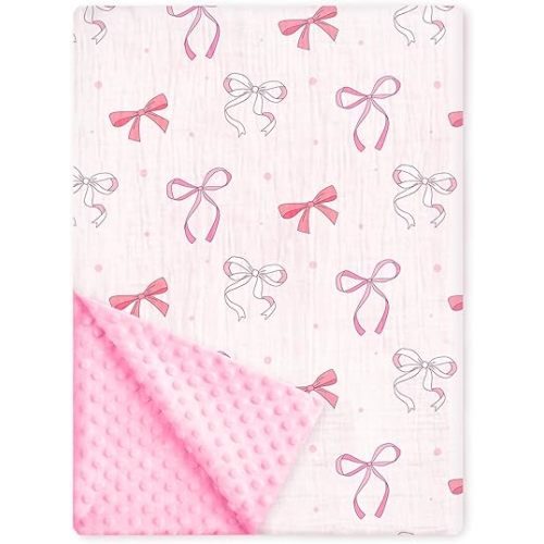 Pink Bow Baby Blankets for Girls, Soft Nursery Minky Blanket with Muslin Front and Dotted Fleece Back for Newborn Warm Pink Cute Blankets for Infant Toddlers 30 x 40in