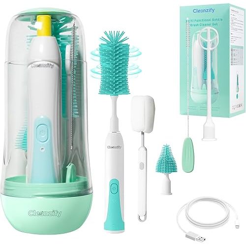 Electric Bottle Cleaner, Rechargeable Baby Bottle Cleaner Set for Travel, Waterproof with 2 Brush Heads, Straw Brush, Mixing Head, Storage Box