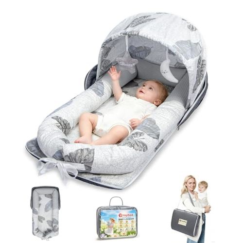 Baby Lounger, Portable Foldable Travel Lounger for Newborn 0-12 Month, Washable Lightweight Infant Nest with Canopy, Soft Breathable Baby Nest with Adorable Pattern, Home & Outdoor Use