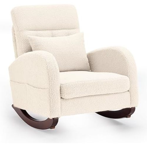 Nursery Rocking Chair, Upholstered Comfortable Glider, High Back Living Room Chair with Side Pocket & Rubber Wood Legs, Ideal for Bedroom & Baby Nursery