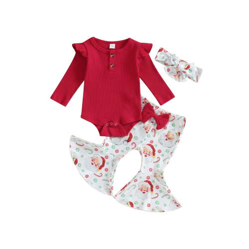 Newborn Baby Girls Christmas Bell-Bottom Outfit Long Sleeve Ruffle Romper Bow Flare Pants Headband Cute Clothing Set