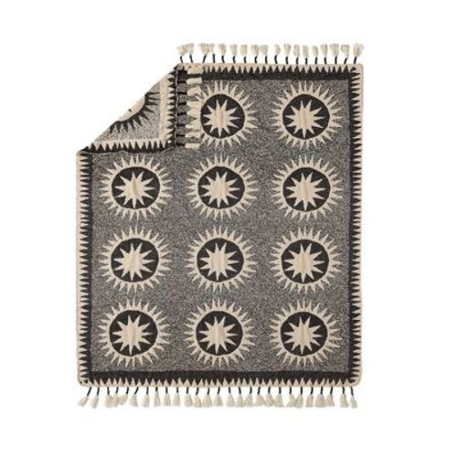 50"x60" Soleil Throw Blanket Black/Cream - Jungalow by Justina Blakeney: Bohemian Suzani Quilt Design, Tasseled Edges