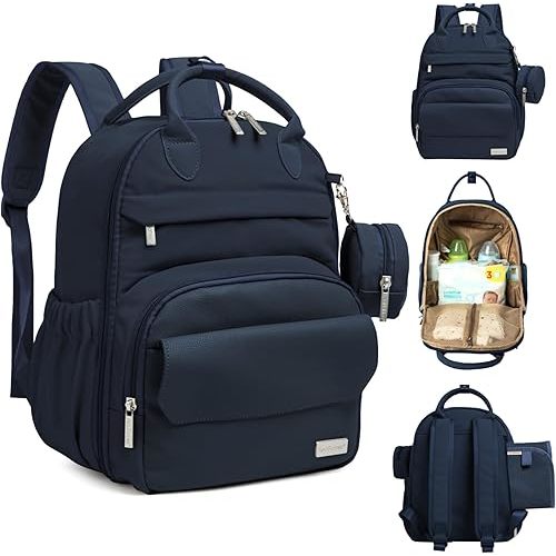 Diaper Bag Backpack - Multifunctional Travel Diaper Back Packs,Maternity Baby Changing Bags, Compact 12L Capacity, PU Leather, Waterproof, Unisex, Stylish Nappy Bag, Diaper Changing Pad (Navy Blue)