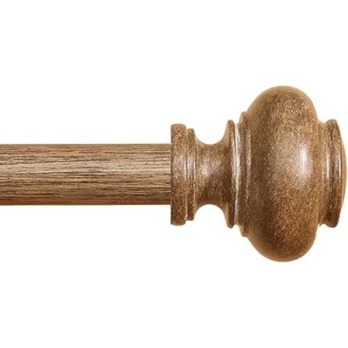 Wood Curtain Rods for Windows 66 to 120 Inch, 1 Inch Heavy Duty Curtain Rods with Imitation Wood Grain Finials, Boho Adjustable Drapery Rods, Farmhouse Rustic Single Window Curtains Rods