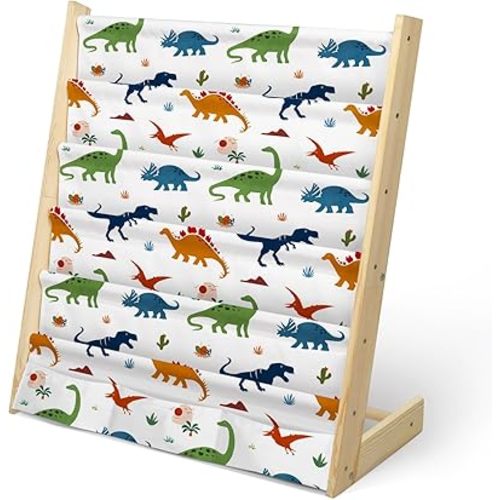 Kids Bookshelf 5 Tier Wooden Toy and Book Storage Organizer 3 Pockets Toddler Sling Book Rack with Deep Sleeves for Boys Playroom Nursery Bedroom (Colorful Dinosaur)