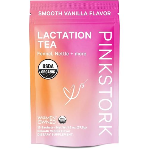 Pink Stork Organic Lactation Support Tea for Breast Milk Supply - Fenugreek, Milk Thistle, + Fennel - Breastfeeding Essentials, Caffeine-Free - Hot or Iced - 15 Sachets, Smooth Vanilla