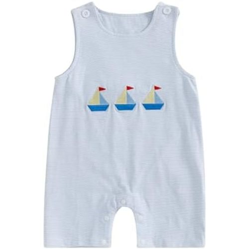 Gueuusu Sailboat Baby Boy Clothes Embroidery Striped Short Dungaree Romper Sleeveless Summer Beach Overalls Clothes