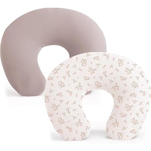 Konssy 2 Pack Nursing Pillow Covers, Stretchy and Soft Nursing Cover for Breastfeeding Pillows, Pillow Slipcover for Baby Girls Boys Newborn (Soft Blooms,Taupe)