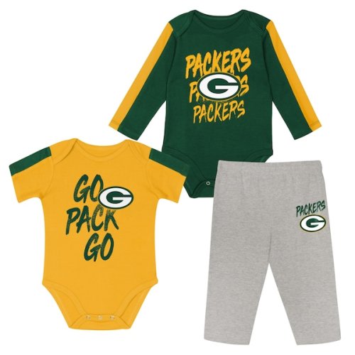 Infant Green Bay Packers Outerstuff Green/Gold Double Down Bodysuits and Pants 3-Piece Set