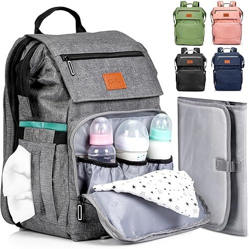 PILLANI Baby Diaper Bag Backpack - Baby Bag for Boys & Girls, Diaper Backpack - Large Travel Diaper Bags w/Changing Pad - Baby Registry Search & Shower Gifts Newborn Essentials & Items for Mom, Gray