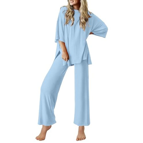 Ekouaer Lounge Sets for Women Short Sleeve Tops and Long Pants Soft Comfy Pajamas Set 2 Piece Outfits S-XXL