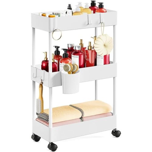 Pipishell Slim Storage Cart with Wheels, Bathroom Cart Organizer Storage Small, Rolling Carts for Bathroom, Laundry Room, Kitchen, Narrow Space, White PIUC04W