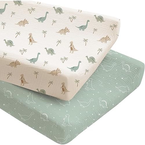 Konssy 2 Pack Muslin Changing Pad Covers for Boys, Ultra Soft & Breathable Cotton Baby Diaper Changing Table Covers, Neutral Nursery Diaper Changing Pad Sheets (Dino Jungle,Sage Dino