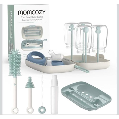 Momcozy Bottle Brush Set - Baby Bottle Cleaner Kit with Silicone Brush, Nipple Brush, Straw Brush, Soap Dispenser, Drying Rack - 7 in 1 Bottle Cleaning Tool for Home and Travel, Green