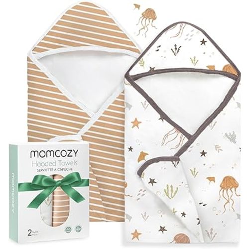 Momcozy Baby Towel with Hooded-2 Pack Soft Bath Towel Set-Shower Gifts or Bath Essential for Infant,Newborn, Toddler (28 X 28 Inch, Ocean Whimsy)