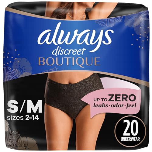 Always Discreet Boutique Incontinence and Postpartum Underwear for Women, Maximum Protection, S/M, Black, 20 Count (Packaging May Vary)