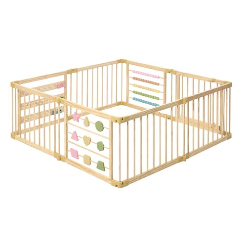 Wooden Playpen Extra Large for Toddlers and Babies - Foldable, Expandable, Adjustable - 8-10 Panels - Natural Wood - Unisex - Playpen