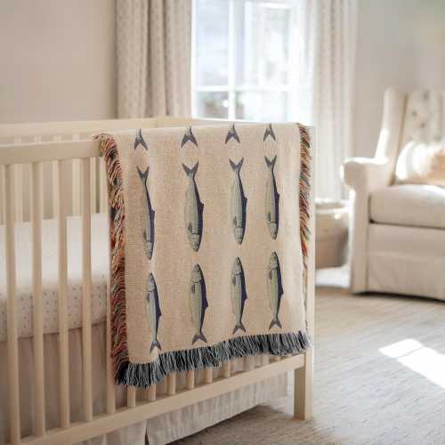 Personalized Fish Baby Blanket, Custom Fishing Nursery Decor, Woven Coastal Baby Throw, Nautical Nursery Gift, Baby Shower Gift