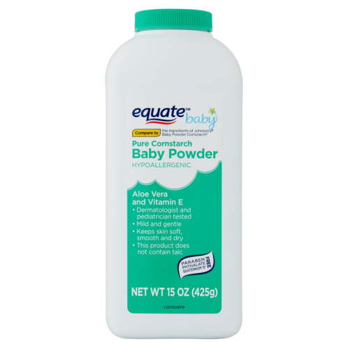 Equate Baby Aloe Vera and Vitamin E Hypoallergenic Pure Cornstarch Baby Powder, 15 oz