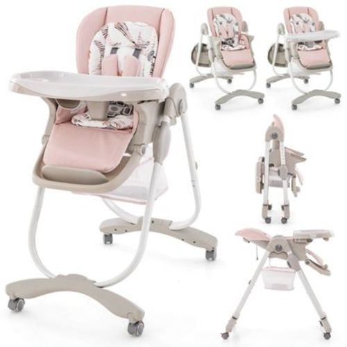 Infans Foldable Baby High Chair With Adjustable Height, Recline & Footrest, Double Removable Tray, Portable With Wheels For Babies & Toddlers, Pink
