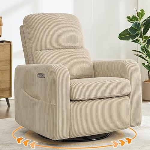 Swivel Rocker Recliner, Oversized Power Recliner Nursery Glider with Removable Cushion, Upholstered Swivel Reclining Chairs for Nursery Living Room Bedroom, Corduroy Camel