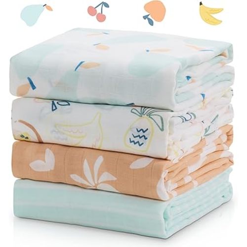 Momcozy Muslin Swaddle Blankets, Ultra Soft Neutral Registry Essentials, 47'' x 47'' Breathable Large Receiving Blanket, Newborn Essentials Must Haves, Baby Boys Girls Shower Gifts, Fruits Party