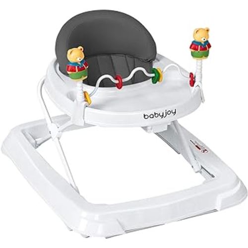 BABY JOY Baby Walker, Foldable Activity Walker Helper with Adjustable Height, Baby Activity Walker with High Back Padded Seat & Bear Toys, Gray