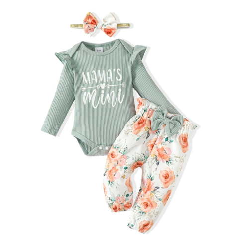 3 Months Baby Girls Clothes 6 Months Girls 3PCS Romper Outfits Set Letter Print Newborn Girls Long Sleeve Top Pants Set with Headband Green