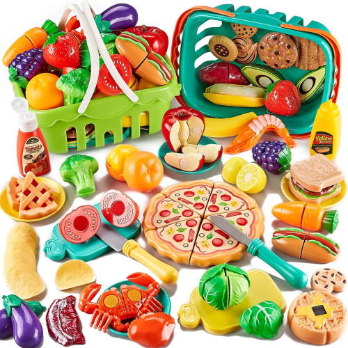 LAUGIGLE, 85Pc Pretend Play Food Kitchen Set, Cutting Toy Food with Baskets, Play Kitchen Accessories for Kids