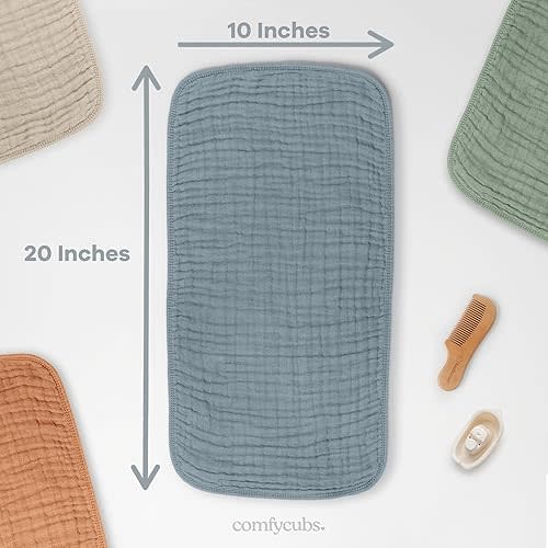 Comfy Cubs Muslin Burp Cloths 20" x 10", Pack of 10 - Large, 6-Layer, Ultra Absorbent 100% Cotton for Baby Drool and Messes - Soft, Safe & Gentle Baby Burp Cloths for Boys & Girls - Pacific Blue