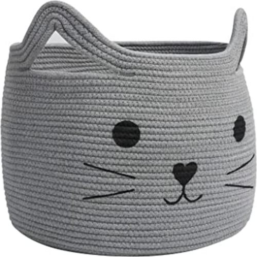Large Woven Cotton Rope Storage Basket, Laundry Basket Organizer for Towels, Blanket, Toys, Clothes, Gifts | Pet Gift Basket for Cat, Dog - 15.7" L×11.8" H, Gray