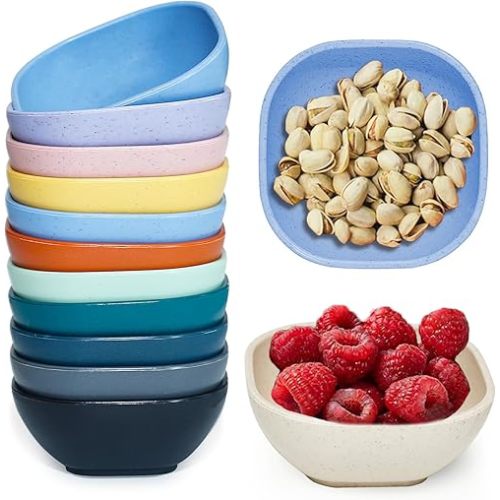 12 Pack Mini Square Dinnerware Bowls for Kids 4.5 OZ Unbreakable Wheat Straw Dipping Bowls, Small Bowls Perfect for Prep, Nuts, Candy, or Dips(Multicolor)
