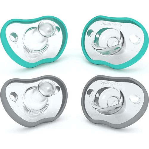Nanobebe Baby Pacifiers 0-3 Month - Orthodontic, Curves Comfortably with Face Contour, Award Winning for Breastfeeding Babies, 100% Silicone - BPA Free. Baby Registry Gift 4pk,Teal/Grey