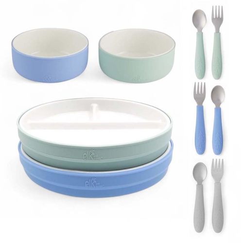 Elk and Friends Kids Porcelain Mealtime Bundle - 10 Pcs Dinnerware Set - Plates Bowls Toddler Cutlery with Silicone Sleeve - Dishwasher & Microwave Safe