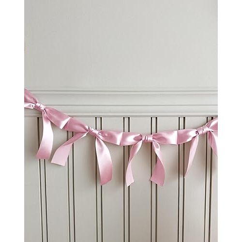 Pre-Assembled Pink Bow Garland - 6ft Ready-to-Hang Engagement Party Decorations, Coquette Birthday & Bridal Showers, No DIY Needed! Baby Room Bed Decor (Pink, 6ft)