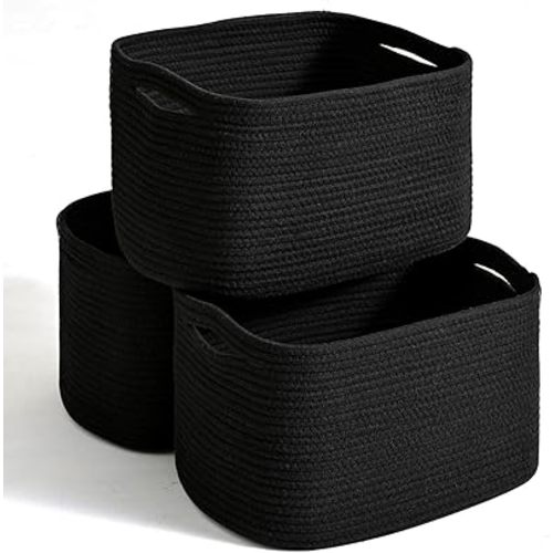 Storage Baskets for Organizing Shelves, Woven Cotton Rope Bins for Organization, Dog Toy Organizer for Shelf Living Room Bedroom, 14.8"×11"×9.5", Pack of 3, Black