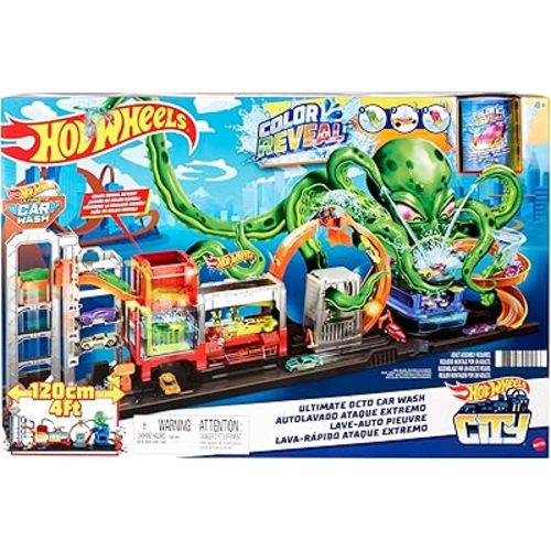 Hot Wheels City Toy Car Track Set, Ultimate Octo Car Wash Playset & Color Reveal Car in 1:64 Scale, Repeat Color Change in Very Warm & ICY Cold Water