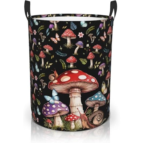 Cute Mushroom Black Collapsible Laundry Basket Foldable With Handles Tote Bag Oxford Cloth Laundry Hamper Clothes Storage Bucket Toy Organizer For Bathroom Laundry Bedroom Room Home Decor 18.9"x16.5"