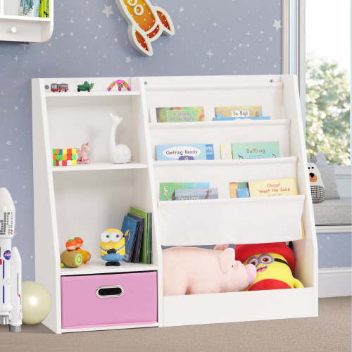 Simenmax Kids Bookshelf and Toy Storage Organizer, 4-Tier Wooden Sling Book Shelf for Kids, Bookshelf with Toy Storage Cabinet for Bedroom, Playroom