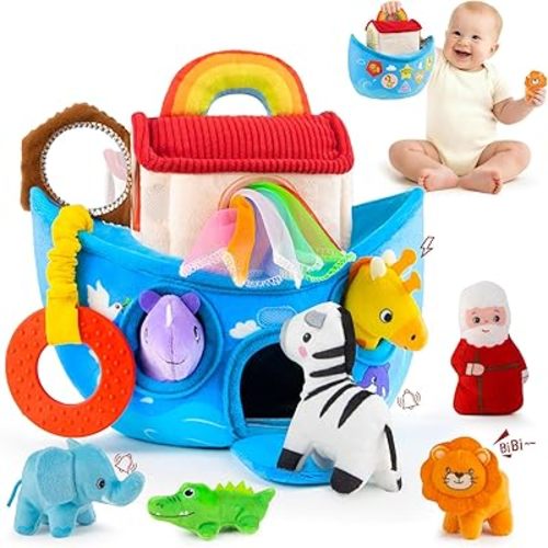 Baby Toys 6-12 Months - Noah's Ark Toy with Stuffed Animals, Baptism Gifts for Boys Girls, Montessori Toys for 6 Month Old Babies Sensory Tissue Box Toy for 1 Year Old