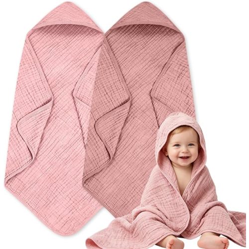 Hooded Baby Towels, 2 Pack100% Muslin Cotton Baby Bath Towels, 32×32 Inch for Toddler, Infant and Babies, Ultra Soft & Absorbent, Newborn Essentials (Rose + Pink)